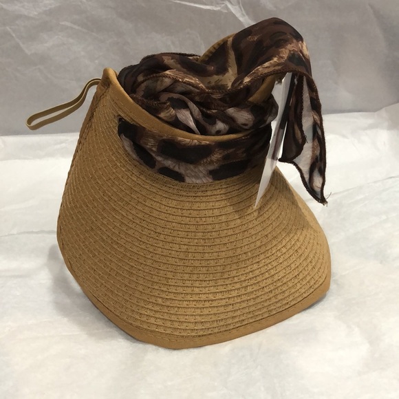 Jessica Simpson tan faux straw packable visor summer hat with animal print scarf main image 5